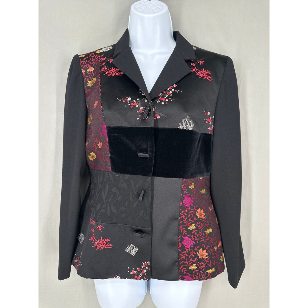 90s Vintage Jacket Womens XS Black Floral Patchwork Satin Velvet Whimsigoth Y2K